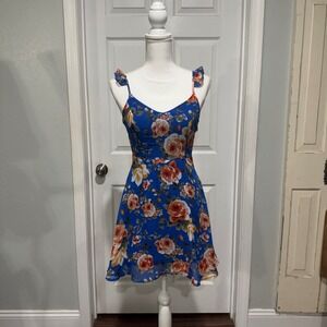 Alta D'State XS Blue Floral Print Mini Dress Sleeveless Open Back Party